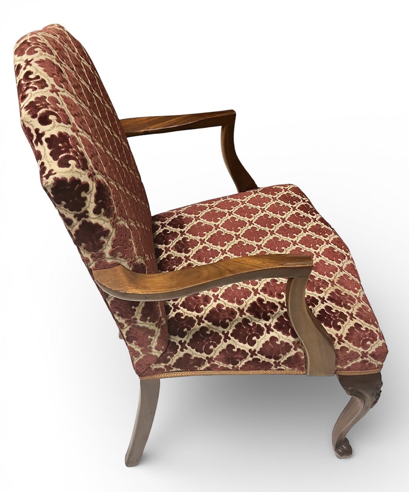 Antique Upholstered Armchair 93cm High 57cm Wide Red Pattern Fabric Wooden Frame