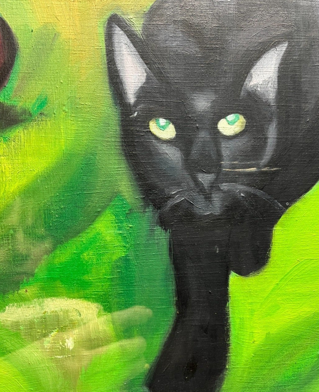 Original Black Cat Acrylic Painting Framed 62x48cm Vintage Art VGC
