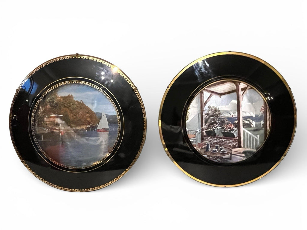 Vintage Set of 9 Wall Plaques Black Gold Nature & Coastal Village Scenes Round
