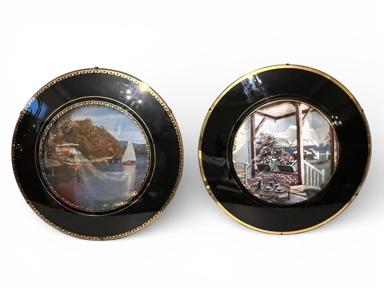 Vintage Set of 9 Wall Plaques Black Gold Nature & Coastal Village Scenes Round