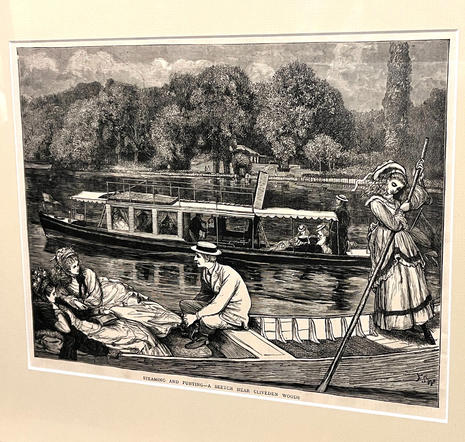 Vintage Framed Print Steaming and Punting, A Sketch Near Cliveden Woods