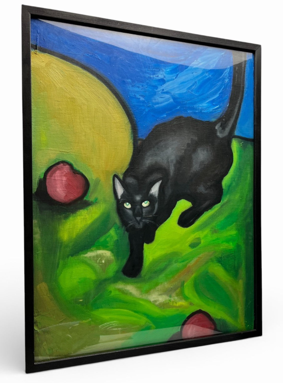 Original Black Cat Acrylic Painting Framed 62x48cm Vintage Art VGC