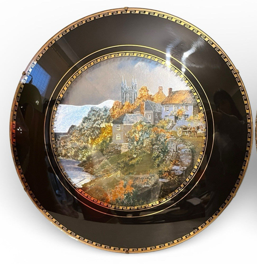 Vintage Set of 9 Wall Plaques Black Gold Nature & Coastal Village Scenes Round