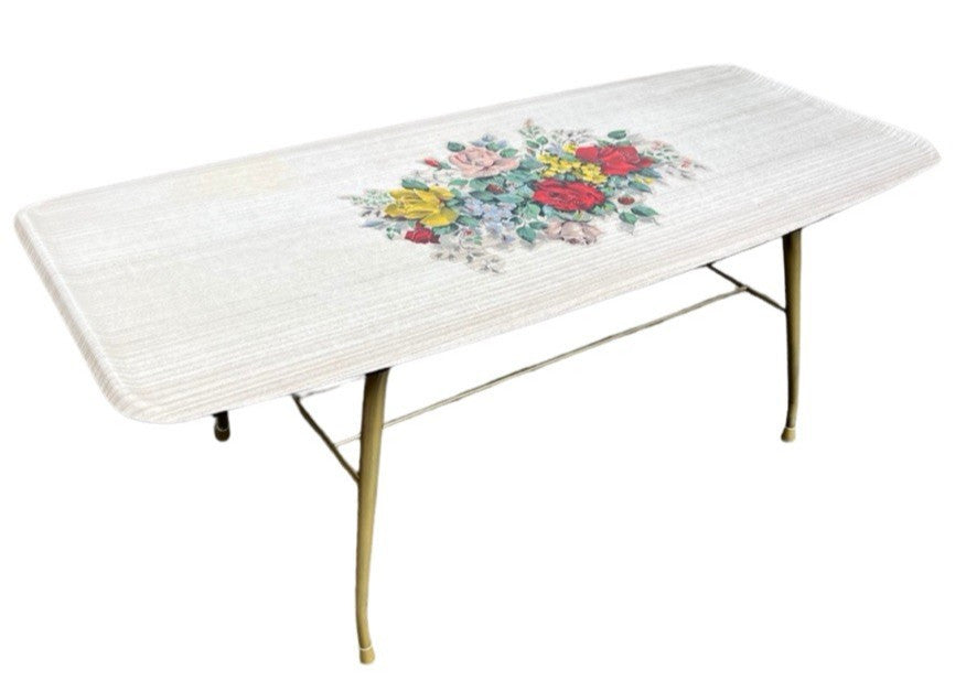 Vintage 1950s Formica Coffee Table Atomic Floral Top Hairpin Legs Retro