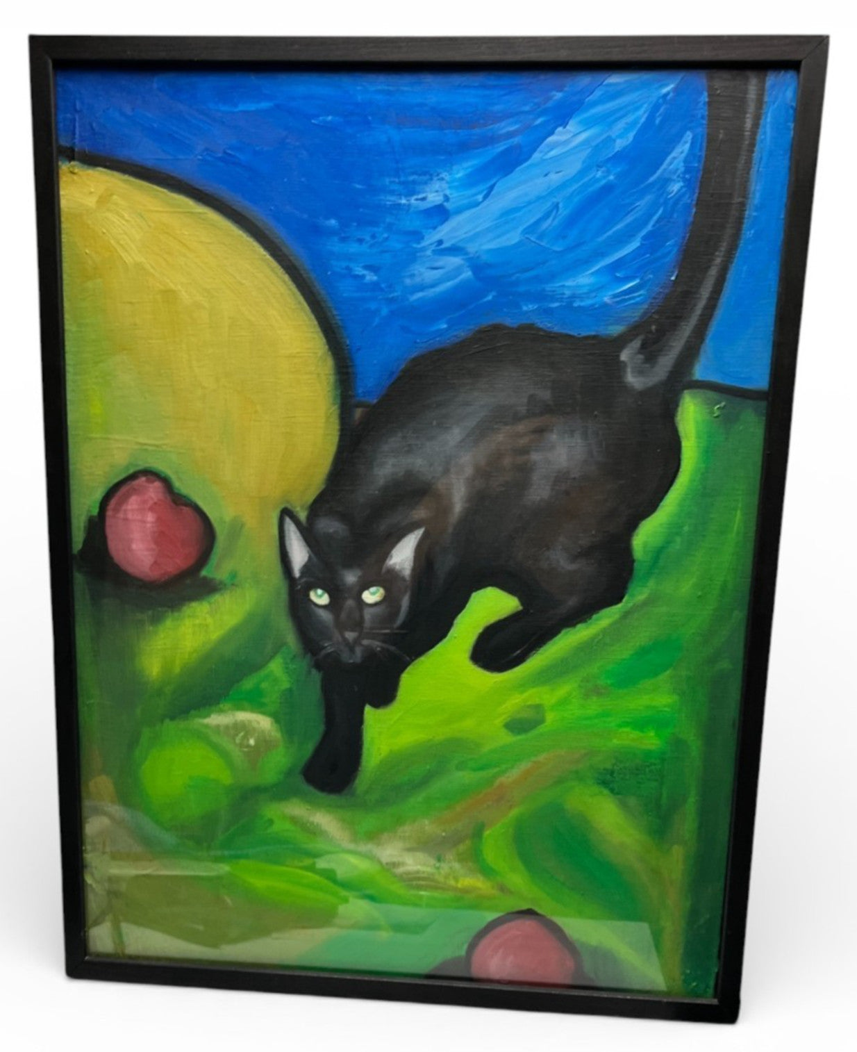 Original Black Cat Acrylic Painting Framed 62x48cm Vintage Art VGC