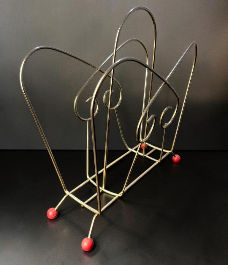 Atomic Wire Magazine Rack Mid Century Metal Record Holder with Red Ball Feet