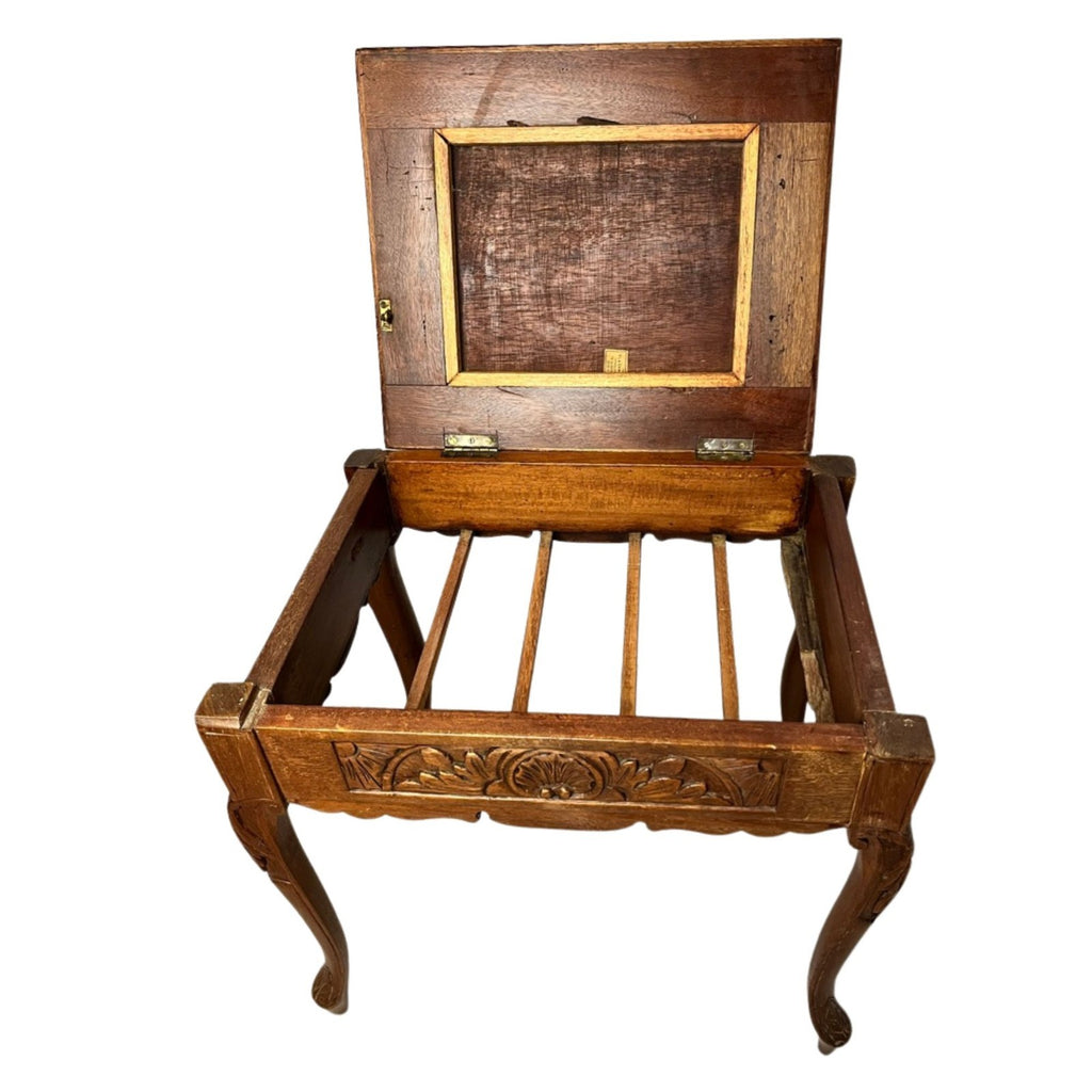 Vintage Carved Wooden Piano Stool With Storage Upholstered Seat Queen Anne Style