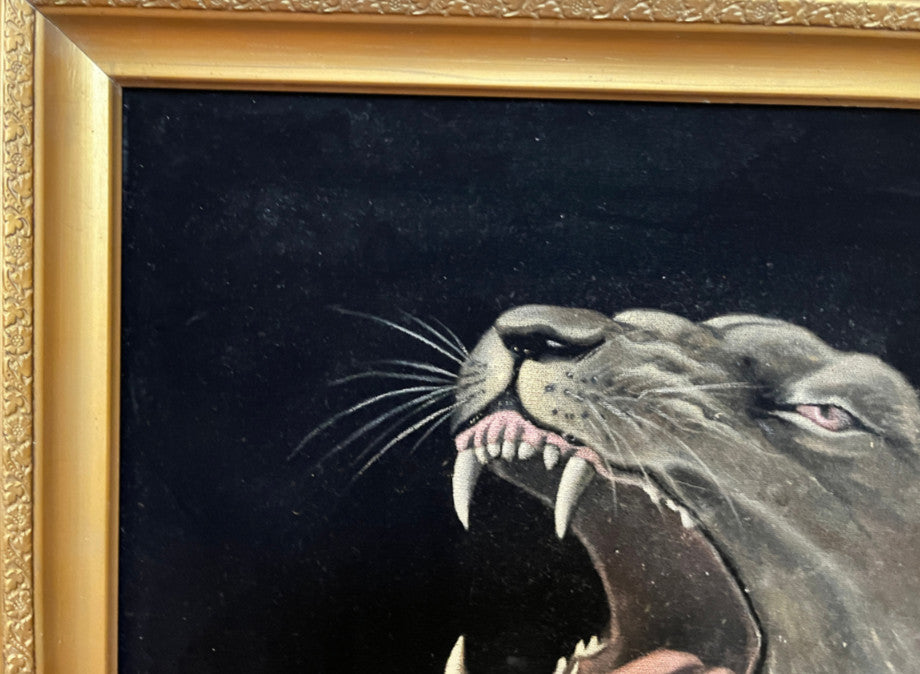 Fantastic vintage black velvet lioness painting bold retro 1970 lounge aesthetic