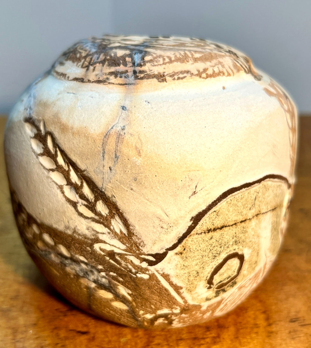 Raku Studio Pottery Cube Sculpture Bird Motif Smoke Fired Art Pot 10cm
