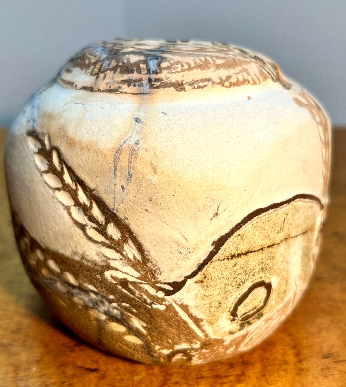 Raku Studio Pottery Cube Sculpture Bird Motif Smoke Fired Art Pot 10cm
