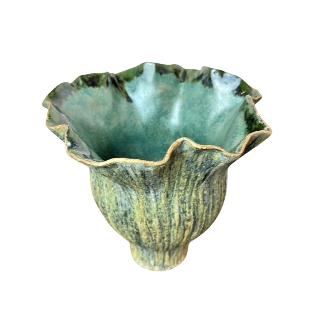 Signed Vintage Handmade Ikebana Handkerchief Pottery Vase Green Sculptural