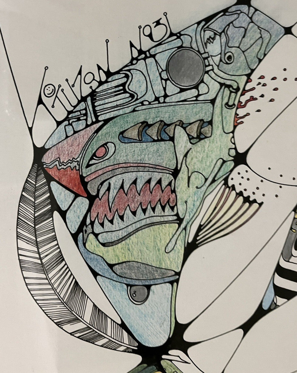 Framed Abstract Drawing Signed Tuzan N93 Colourful Surreal Art Design | 71x58cm