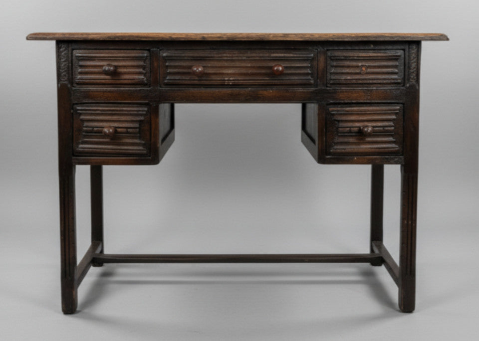 Vintage 1930s Solid Wood Desk 5 Drawer Console Table Carved Front 109cm
