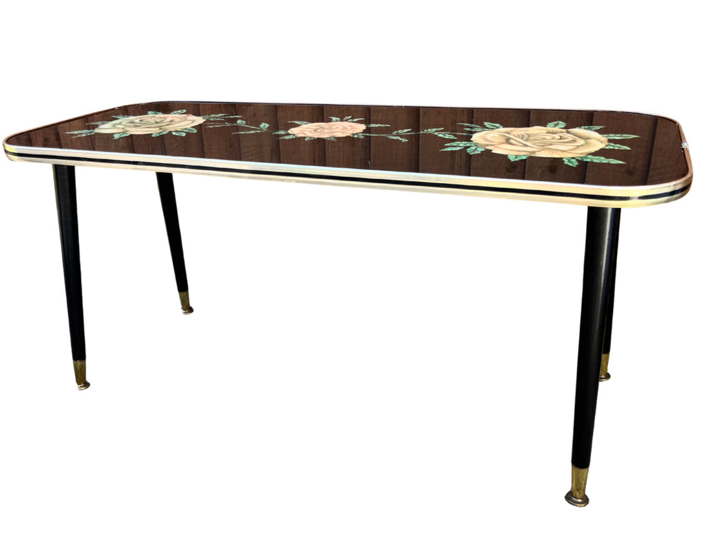 Vintage Atomic Style Coffee Table with Floral Glass Top – Mid Century Sputnik Re