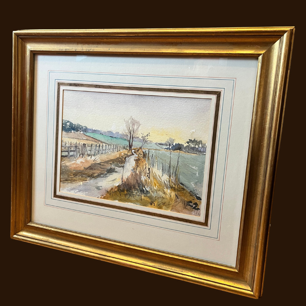 Original Watercolour Landscape Painting Framed Rural Country Lane Signed 1991