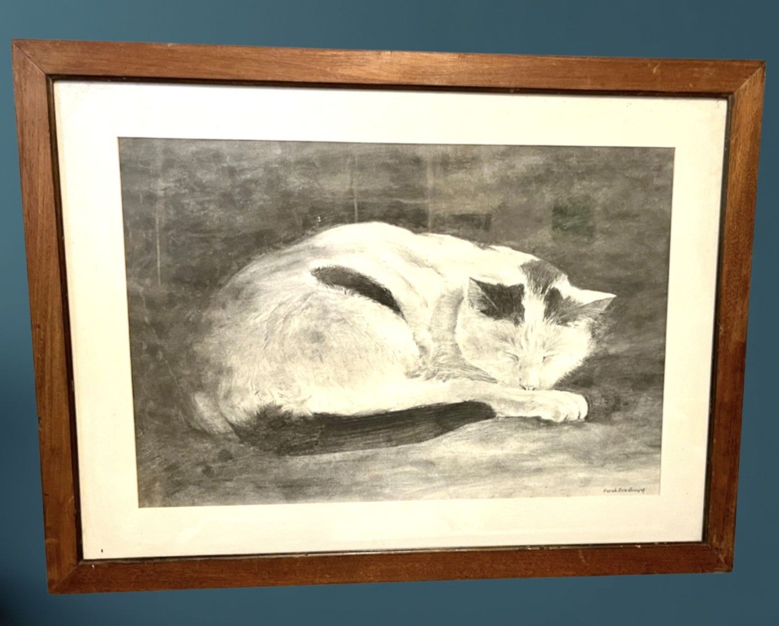 Derek Bradbury Signed Charcoal Drawing “Sleeping Cat” – Framed Original