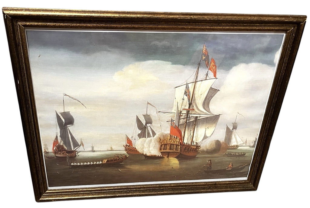 Vintage Maritime Battle Scene Print Framed Naval Ships 42x32cm Tall Ships