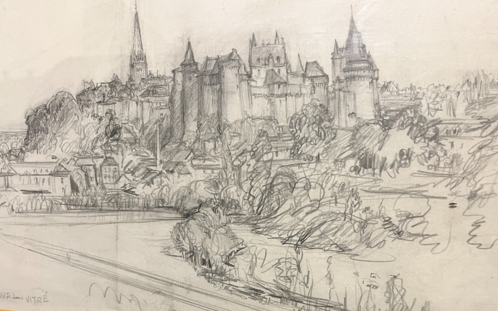 Framed Pencil Sketch By Frank L. Emanuel Drawing Vitré 44x31cm French Town