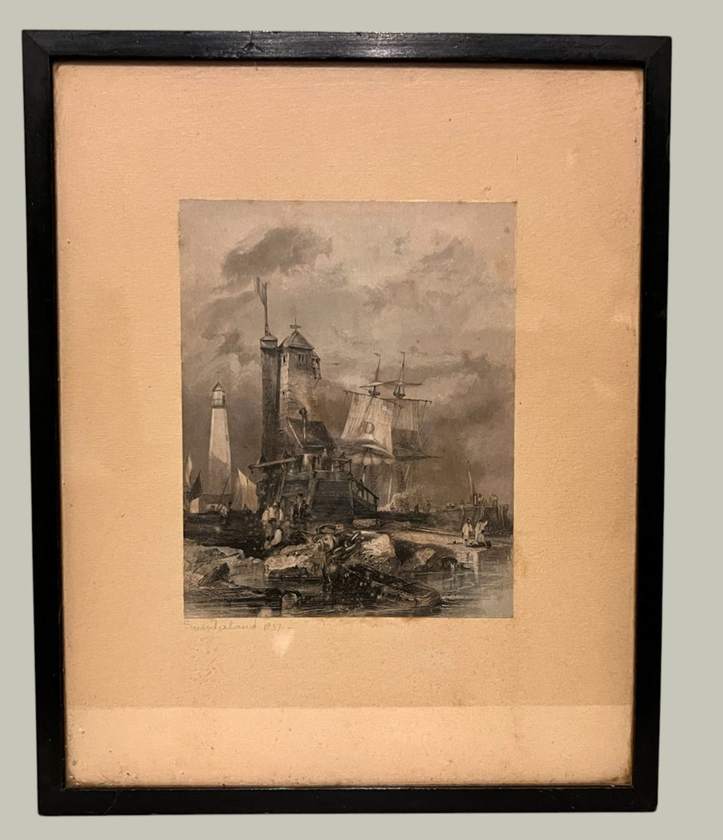 1837 Sunderland Lighthouse South Pier Etching Print Antique Framed 29cm