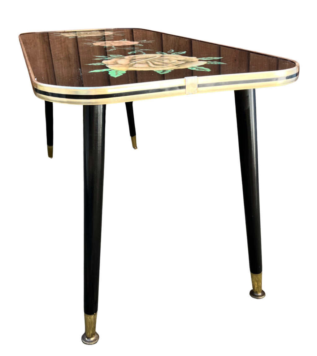 Vintage Atomic Style Coffee Table with Floral Glass Top – Mid Century Sputnik Re