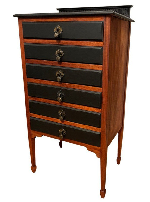 Antique Style 6 Drawer Chest Tallboy Cabinet Black/Wood Jewellery Storage 102cm
