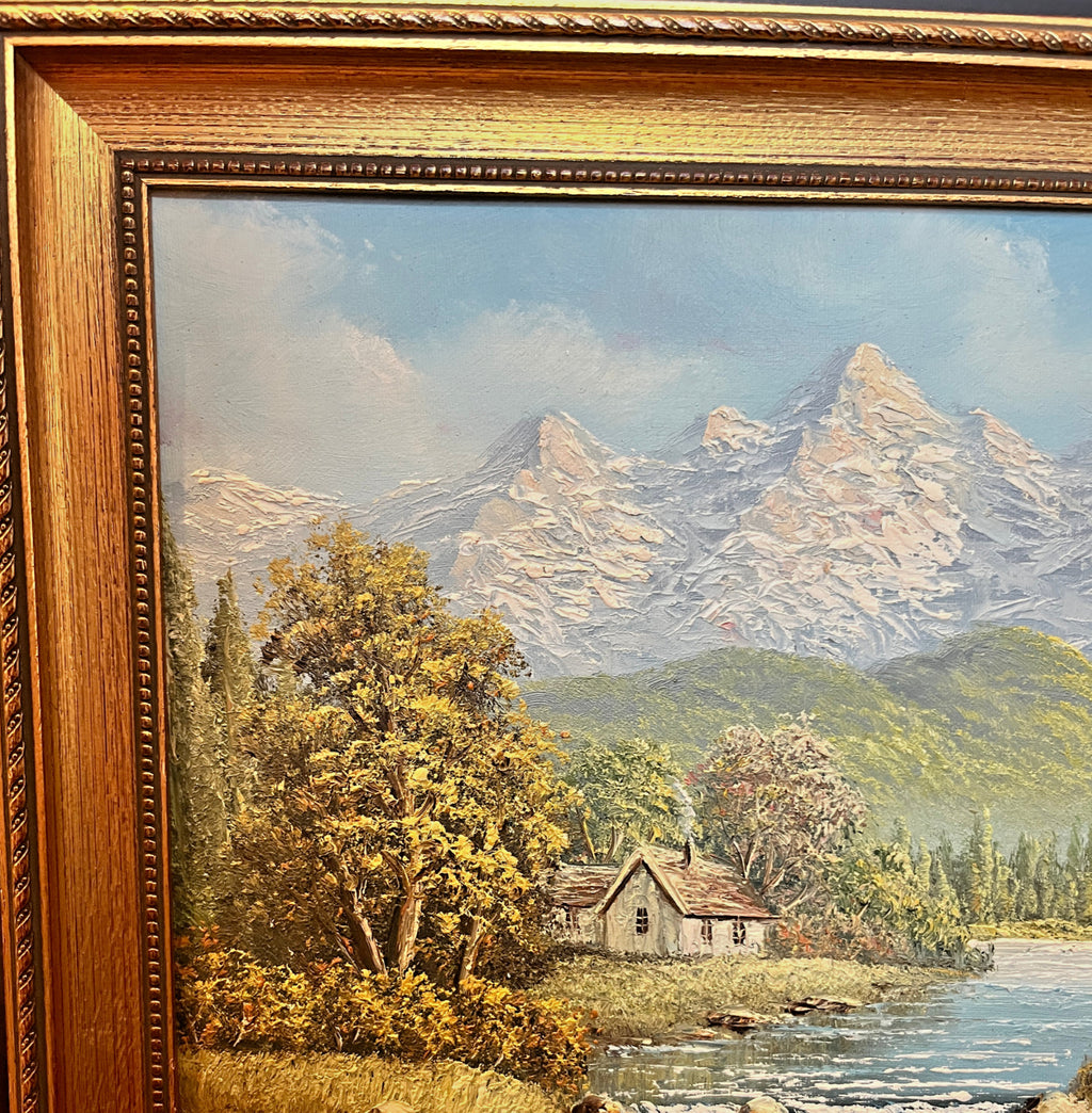 Vintage Oil Painting Mountain Landscape Signed Campbell Gold Gilt Frame 47x37cm