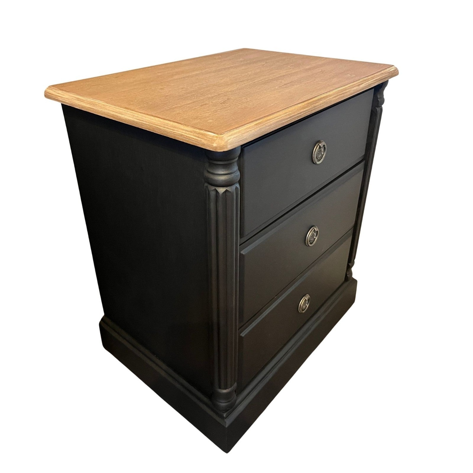 Refinished Black Bedside Tables Pair Vintage Nightstands Wood Top 3 Drawer Cabin