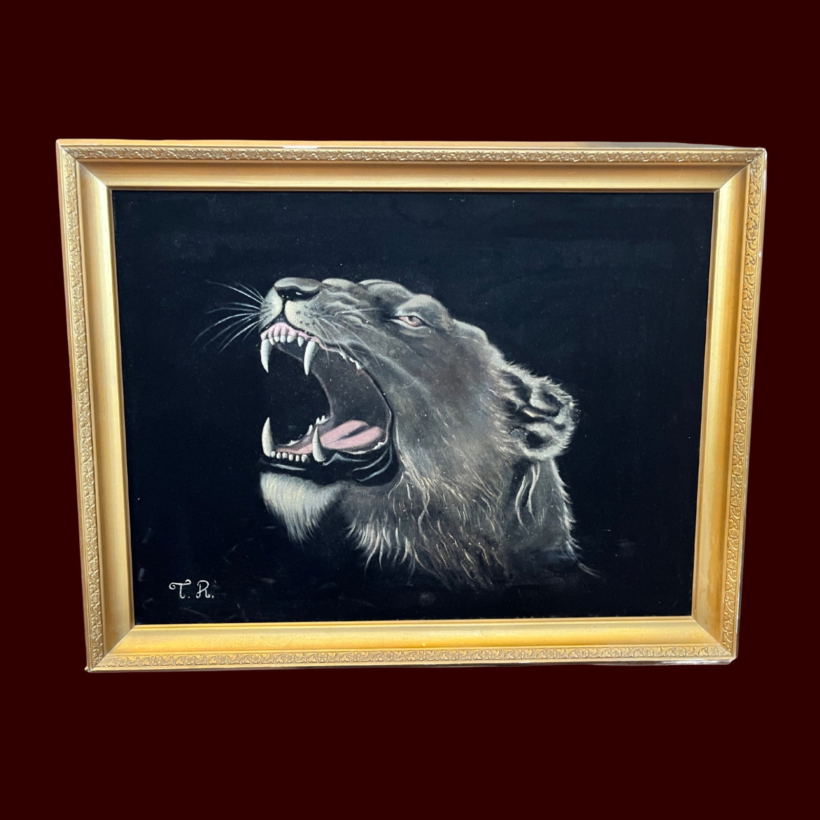 Fantastic vintage black velvet lioness painting bold retro 1970 lounge aesthetic