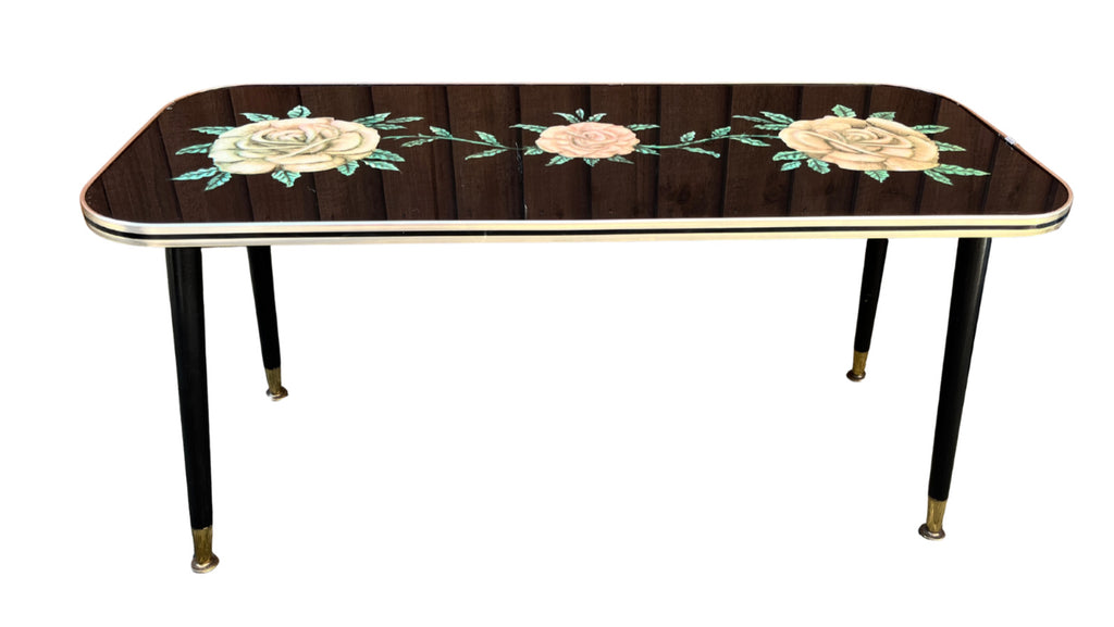 Vintage Atomic Style Coffee Table with Floral Glass Top – Mid Century Sputnik Re
