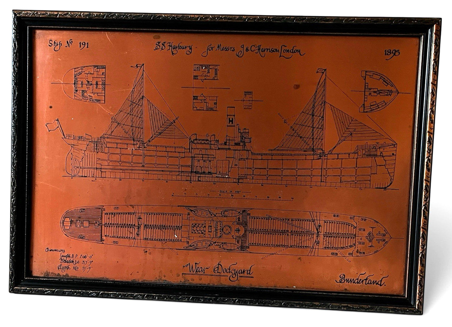 Antique Copper Engraving Ship Plan “S.S. Harbury” Wear Dockyard 1895