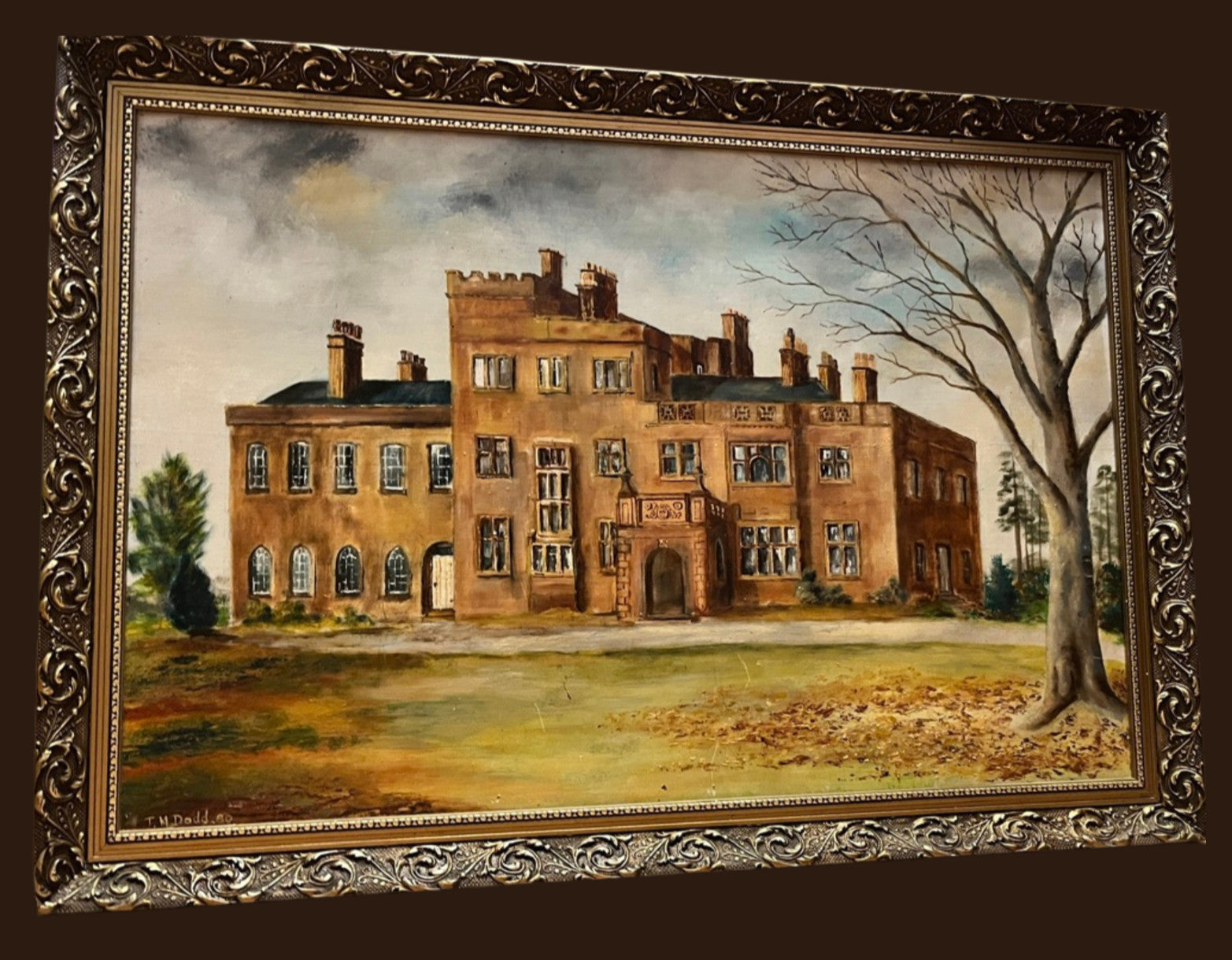 Large Original Oil Painting English Manor House Country Estate Framed Signed 198