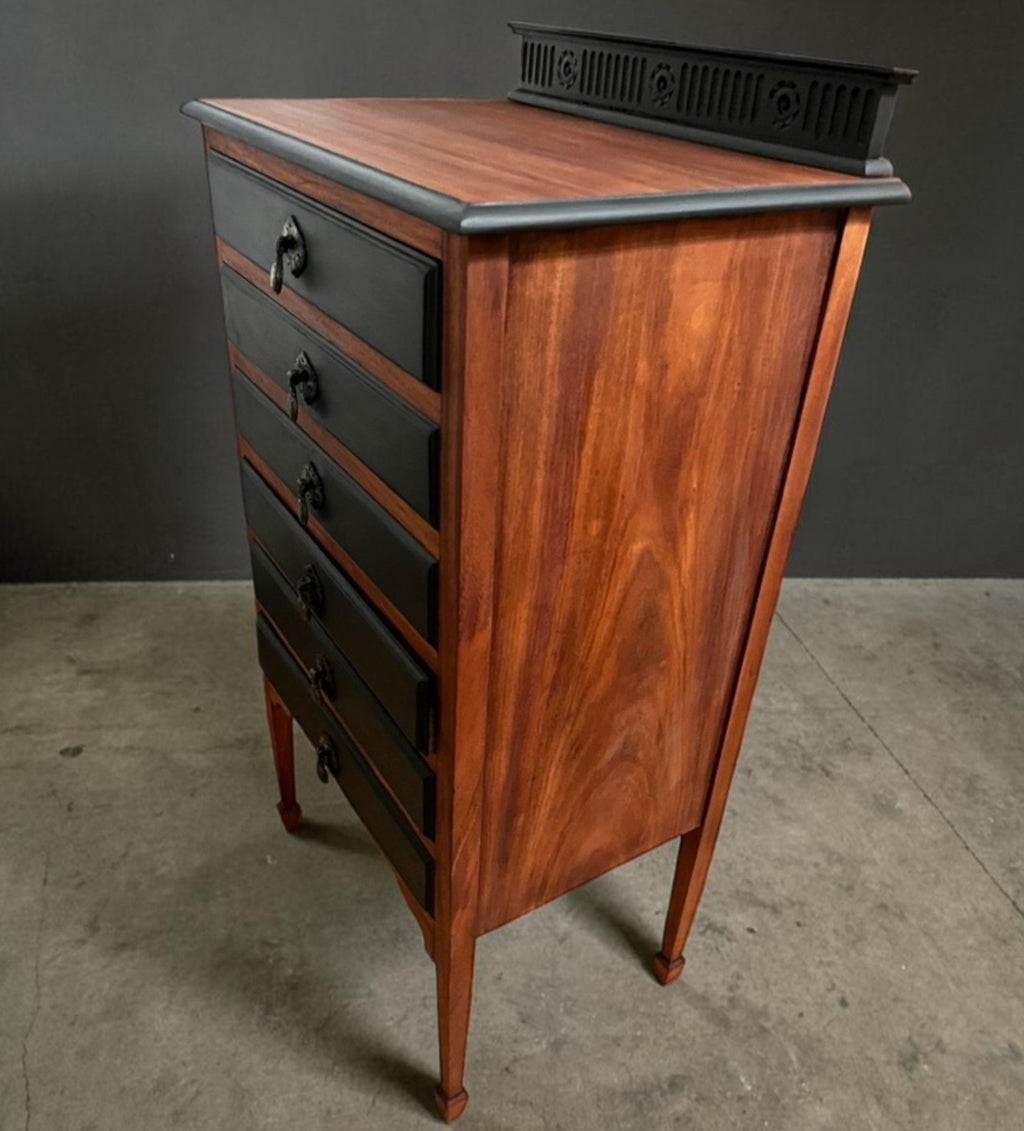 Antique Style 6 Drawer Chest Tallboy Cabinet Black/Wood Jewellery Storage 102cm