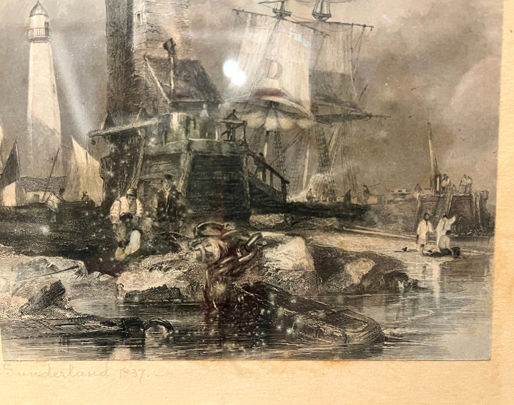 1837 Sunderland Lighthouse South Pier Etching Print Antique Framed 29cm