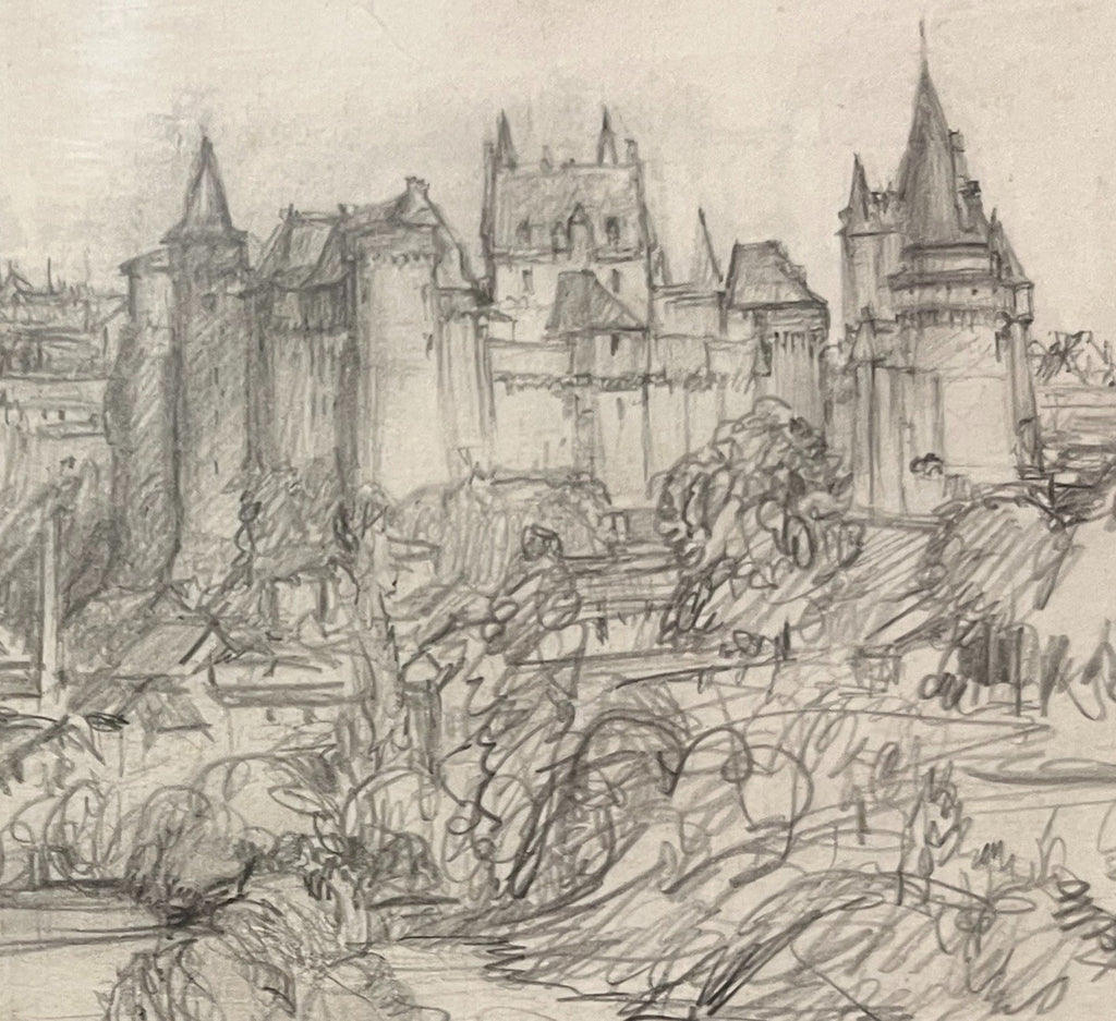Framed Pencil Sketch By Frank L. Emanuel Drawing Vitré 44x31cm French Town