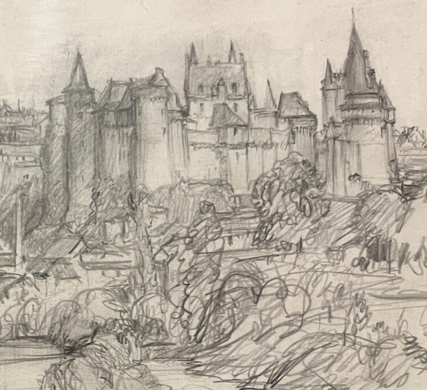 Framed Pencil Sketch By Frank L. Emanuel Drawing Vitré 44x31cm French Town