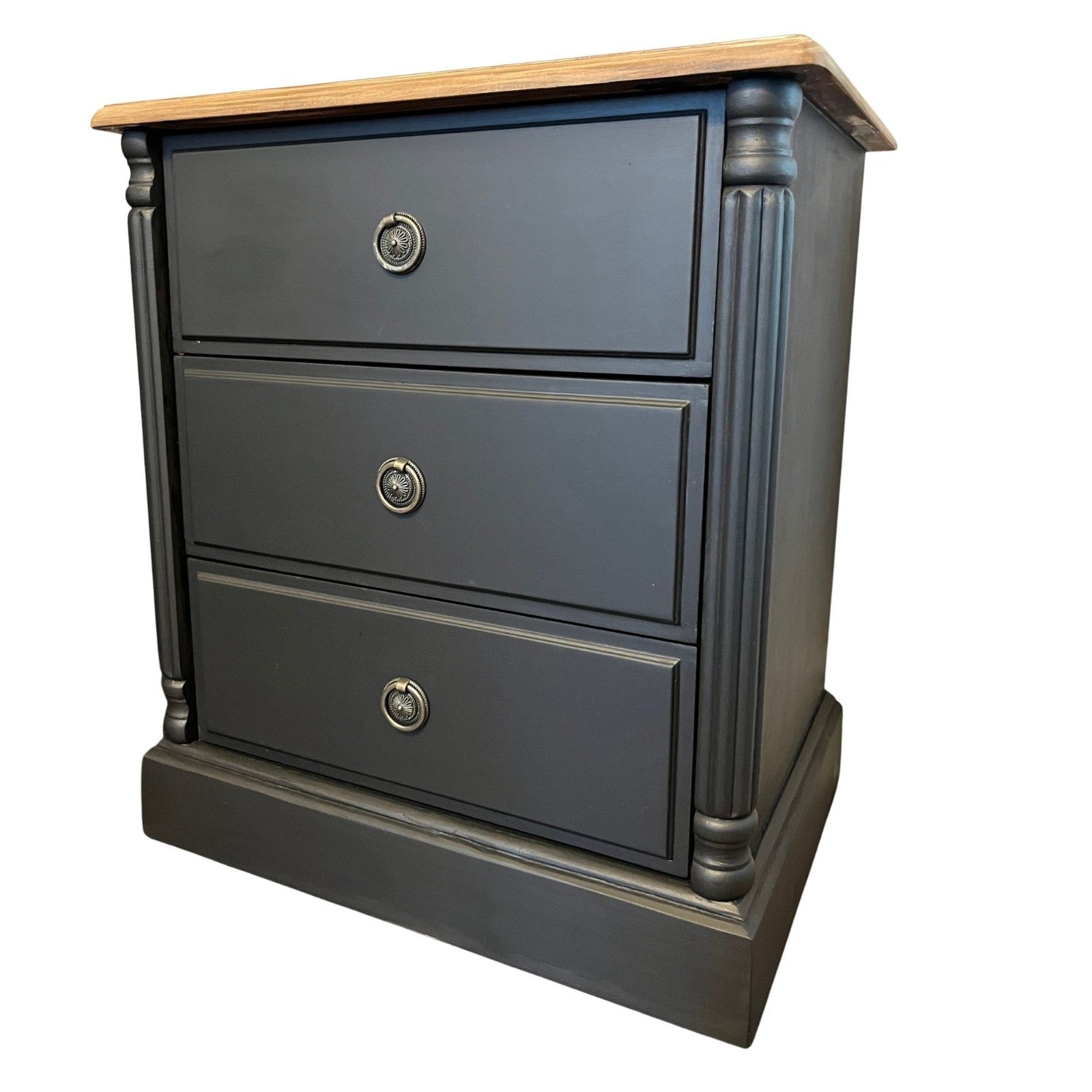 Refinished Black Bedside Tables Pair Vintage Nightstands Wood Top 3 Drawer Cabin