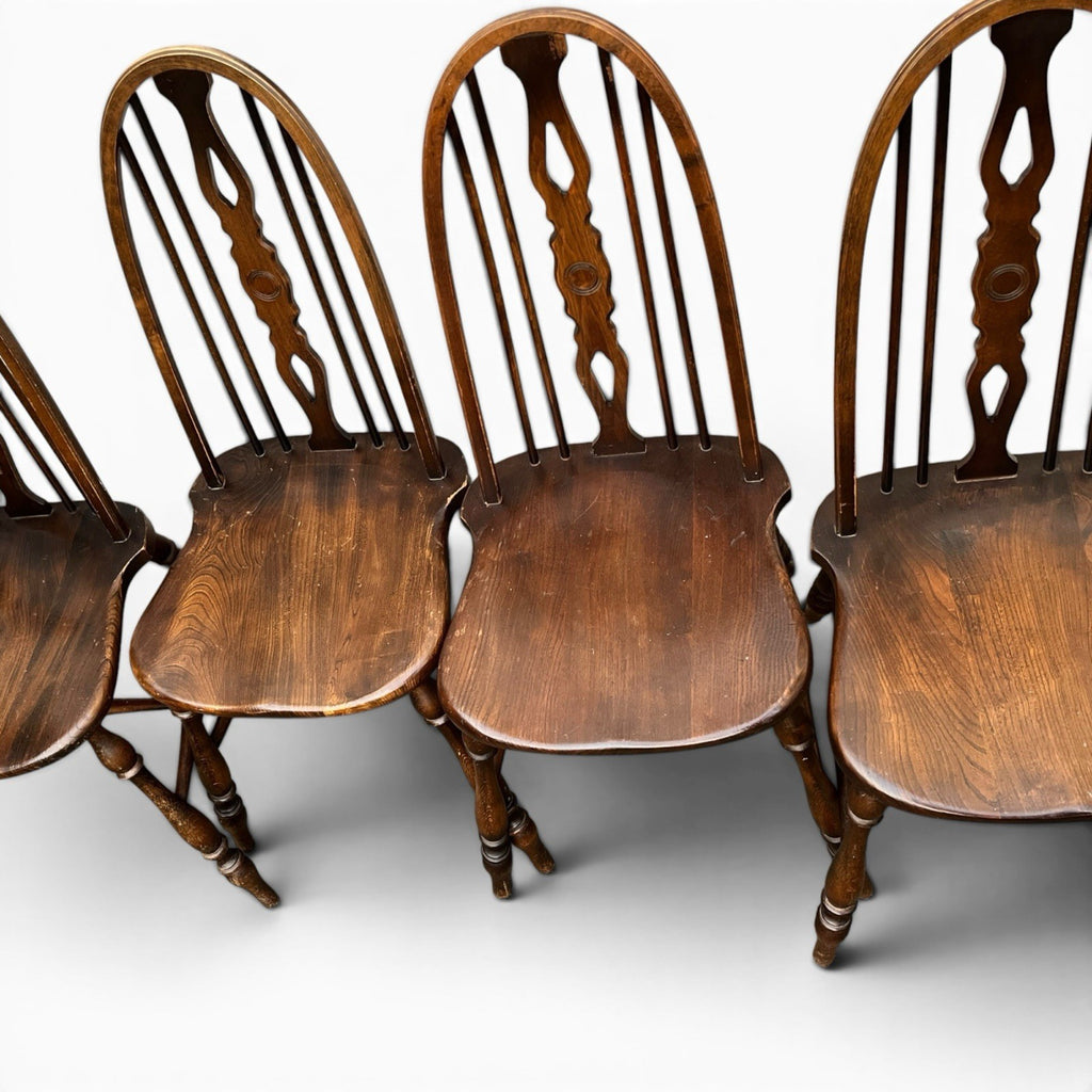 Vintage Set of Four Dark Oak Wheel Back Chairs