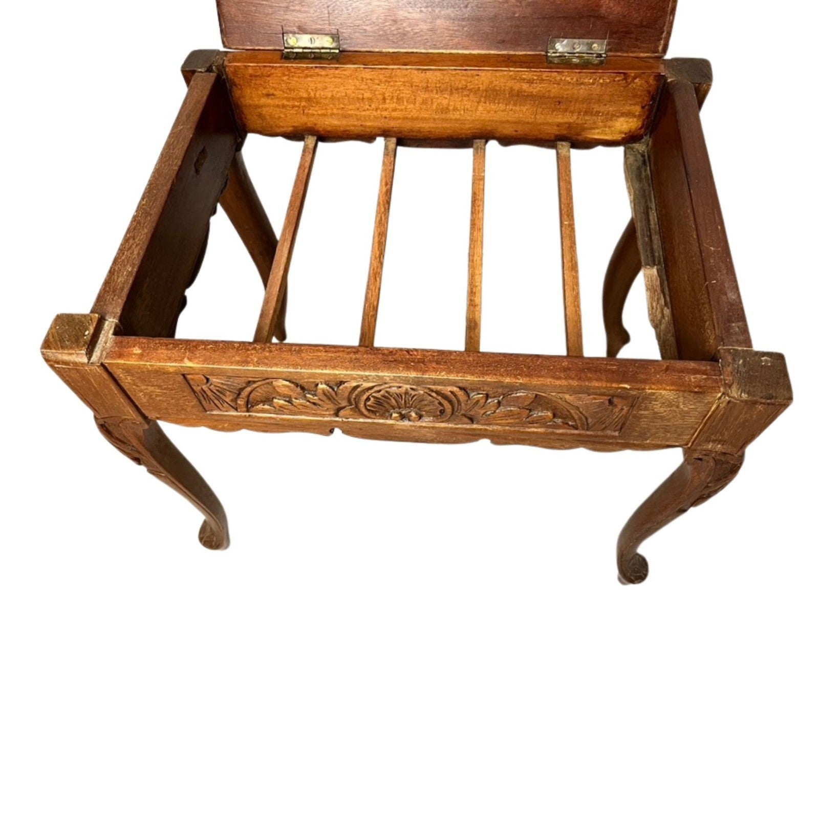 Vintage Carved Wooden Piano Stool With Storage Upholstered Seat Queen Anne Style
