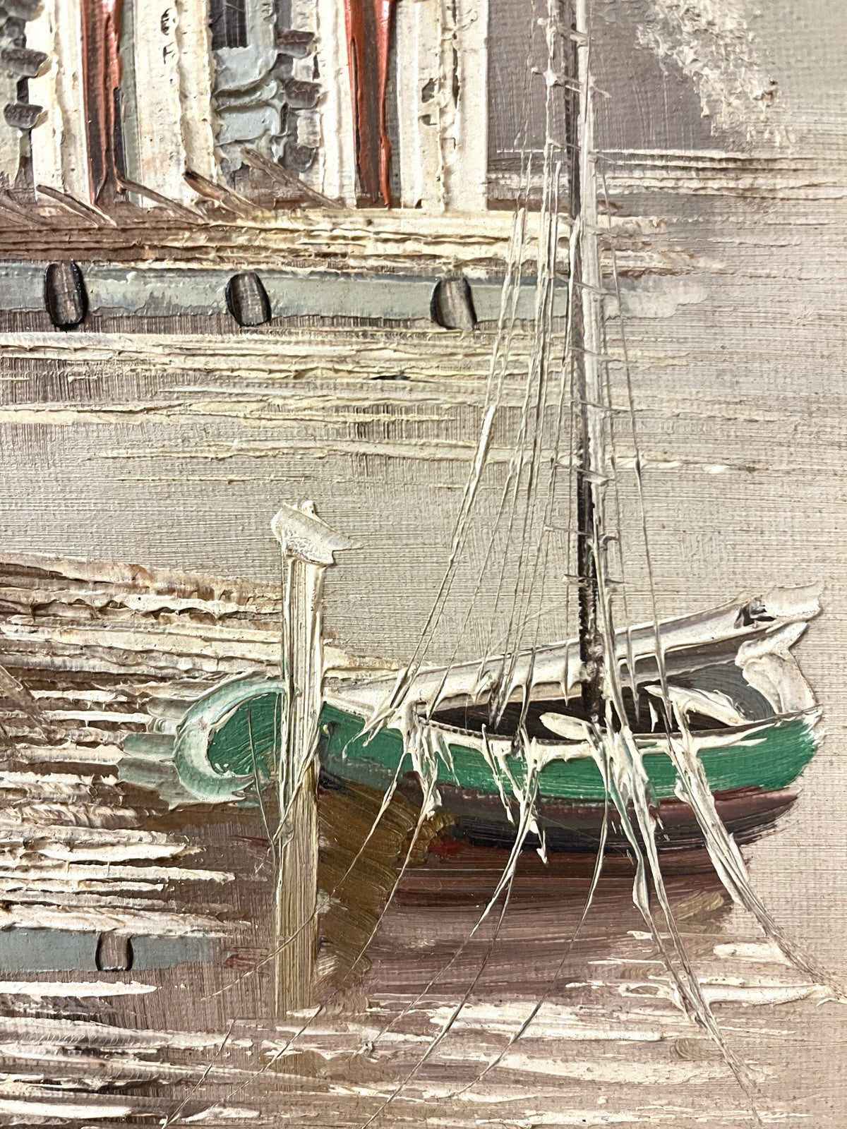 Signed Alonso ’87 Oil Painting Seaside Village Boat Scene Framed 22×36cm