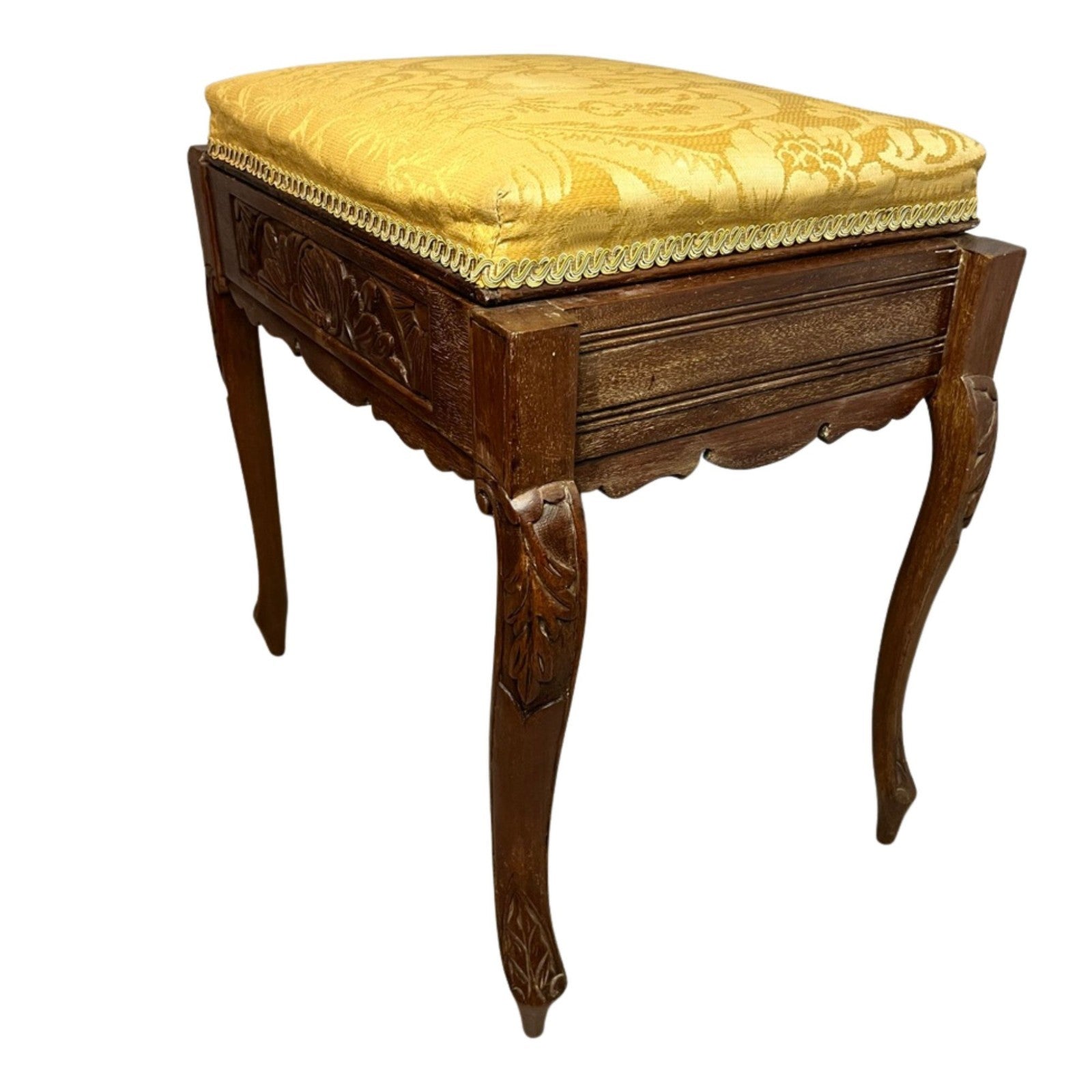Vintage Carved Wooden Piano Stool With Storage Upholstered Seat Queen Anne Style