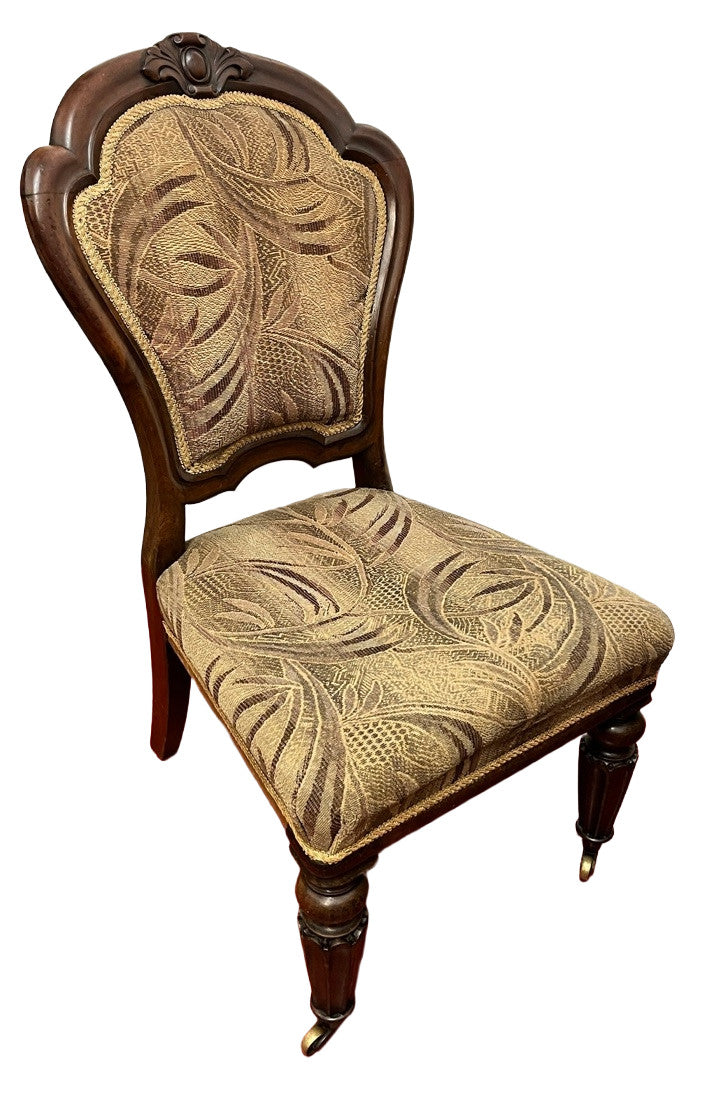 Vintage Upholstered Bedroom Chair Slipper Chair Wooden Carved Brass Castors 92cm