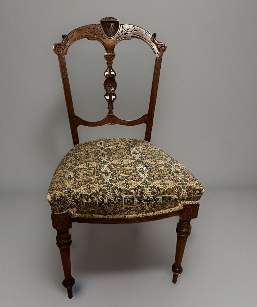 Antique Edwardian Carved Wooden Dining Chair – Upholstered Seat Side Chair