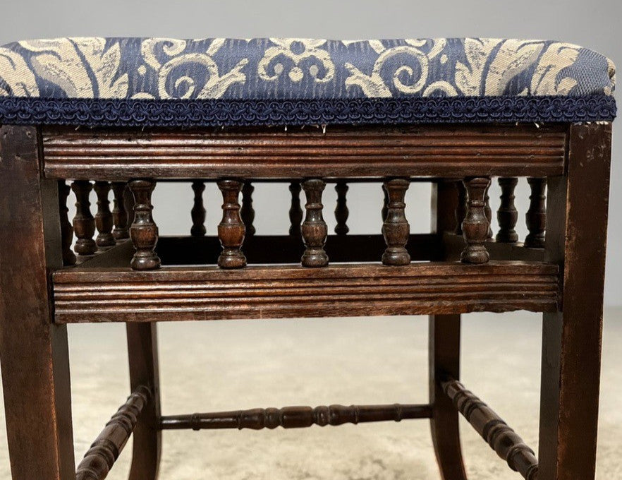 Vintage Upholstered Stool Wooden Frame Turned Legs Spindle Detail 54cm Height