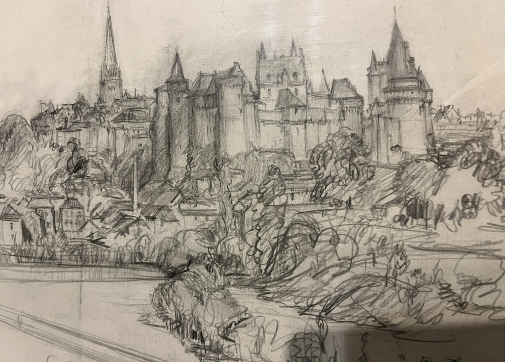 Framed Pencil Sketch By Frank L. Emanuel Drawing Vitré 44x31cm French Town