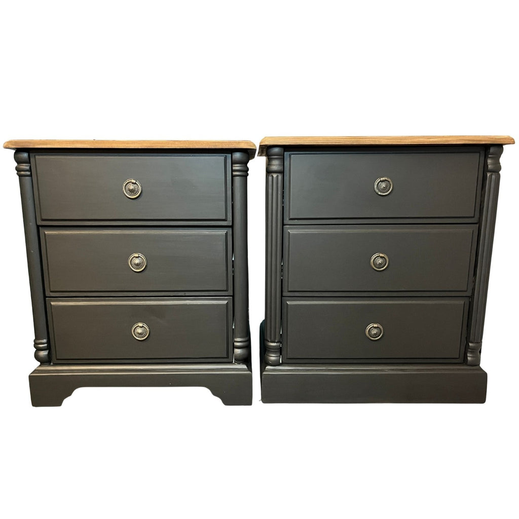 Refinished Black Bedside Tables Pair Vintage Nightstands Wood Top 3 Drawer Cabin