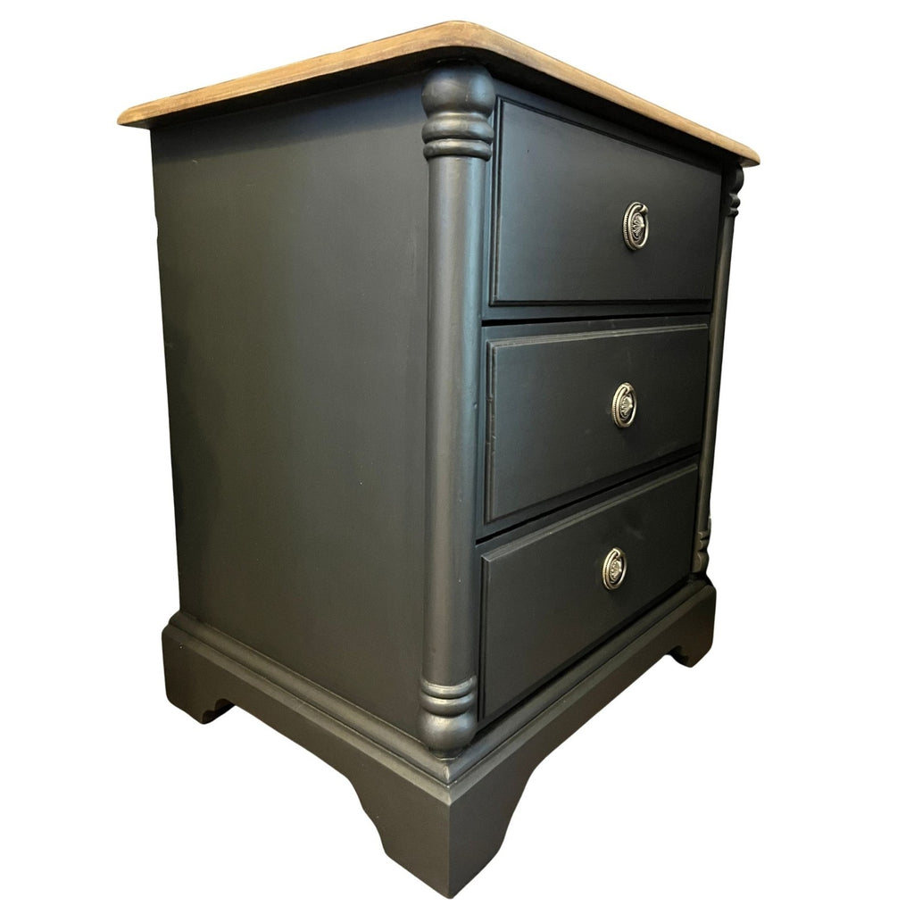 Refinished Black Bedside Tables Pair Vintage Nightstands Wood Top 3 Drawer Cabin