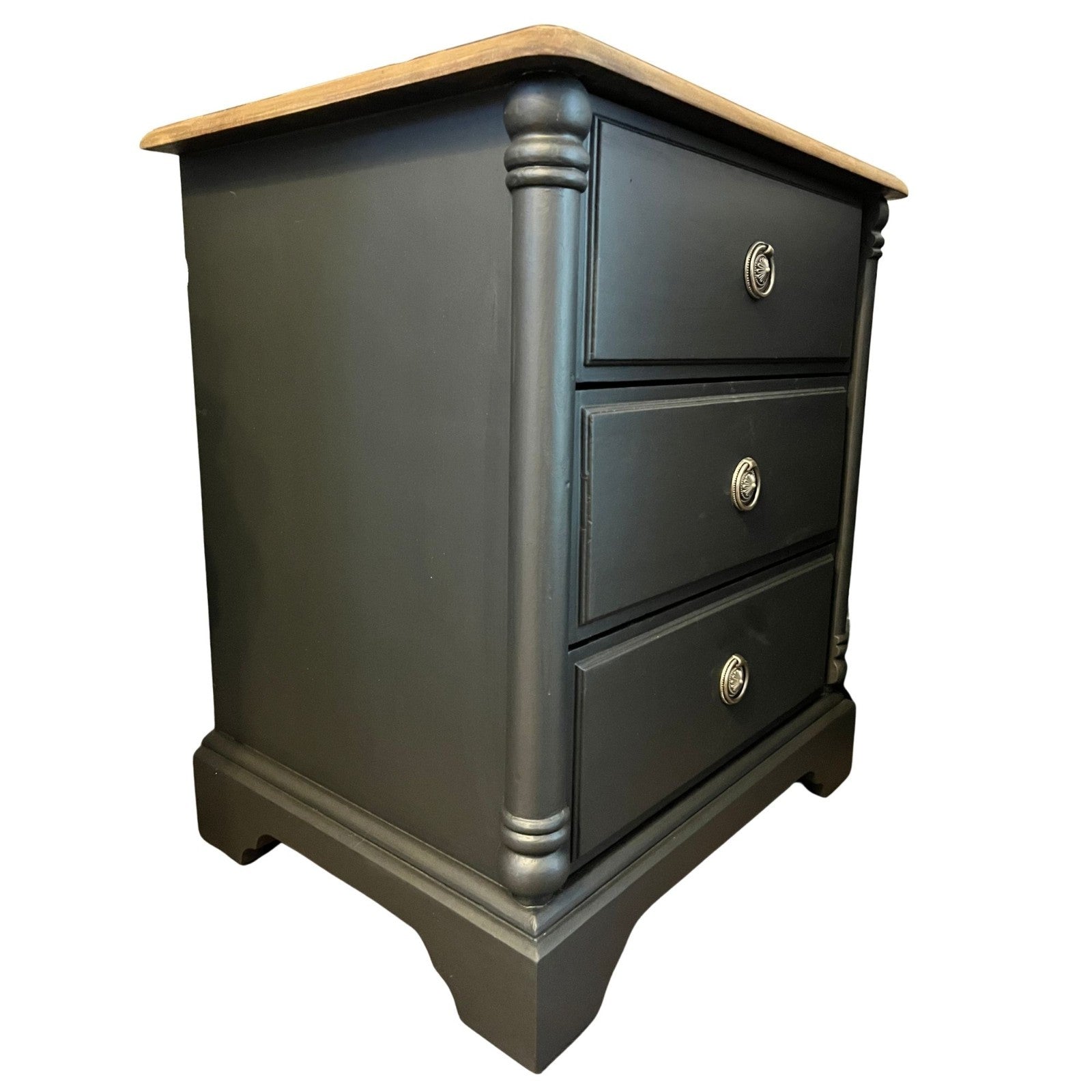 Refinished Black Bedside Tables Pair Vintage Nightstands Wood Top 3 Drawer Cabin