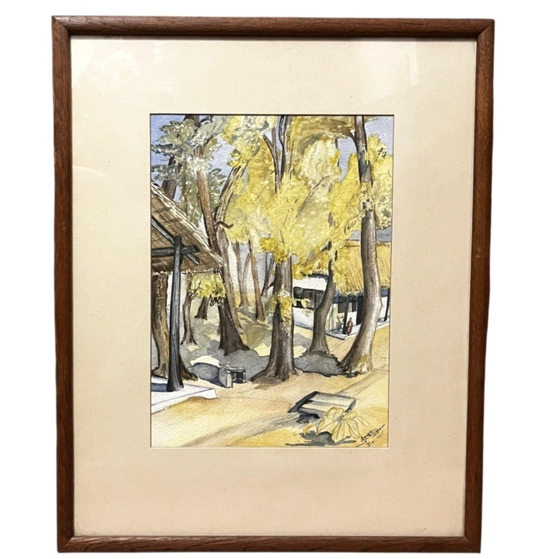 Vintage 1945 Signed Watercolour Landscape – Framed Tree & Village Scene Wall Art
