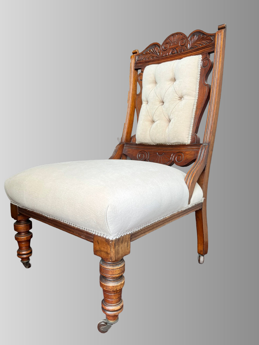 Victorian Mahogany Carved Upholstered Chair Fireside or Bedroom Chair Cream