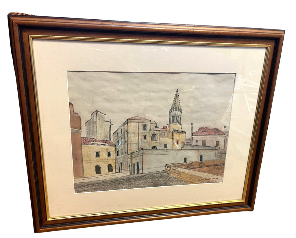 Vintage Rip Fleming Signed Architectural Drawing Framed Artwork 71x58cm